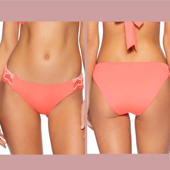 NWT Becca [ Small ] Delilah Avery Crochet-Side Bikini Bottoms in‎ Coral - Picture 1 of 11